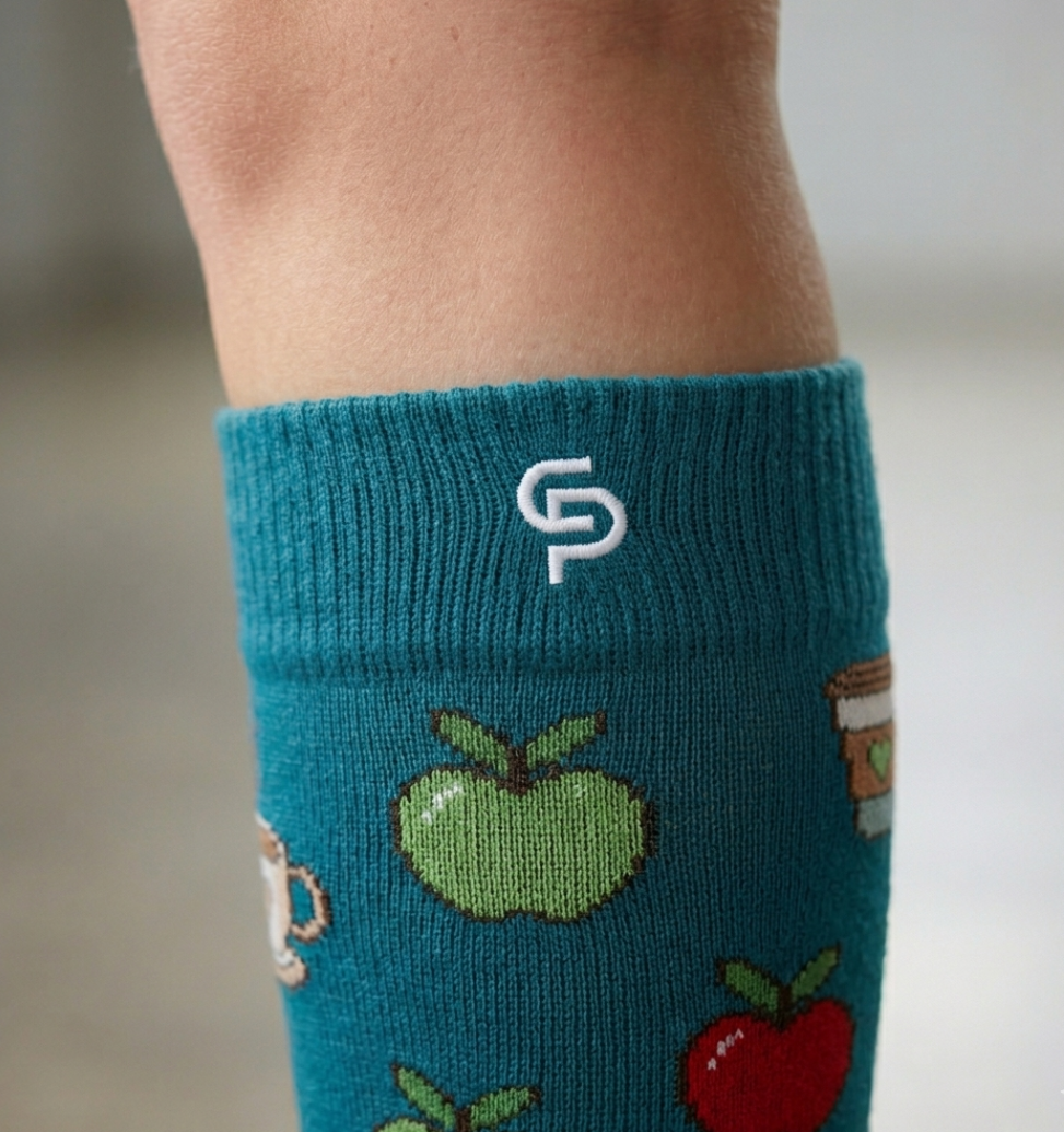 Teal sock with apple design and brand logo worn by a person.