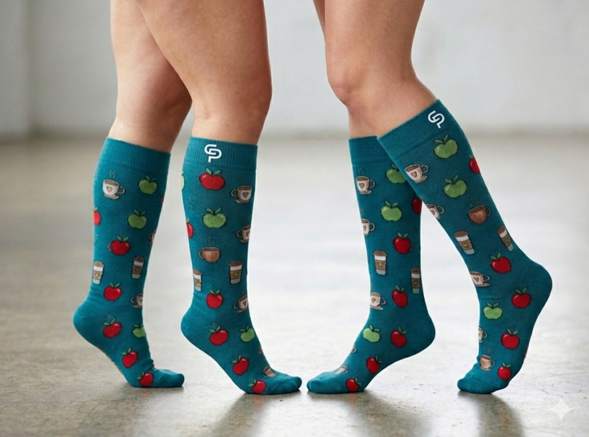 Teal socks with apple and coffee pattern worn by a person on a neutral background