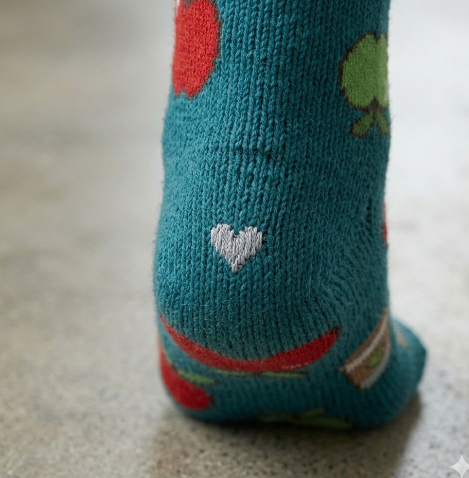 Teal sock with colorful heart patterns on a neutral background