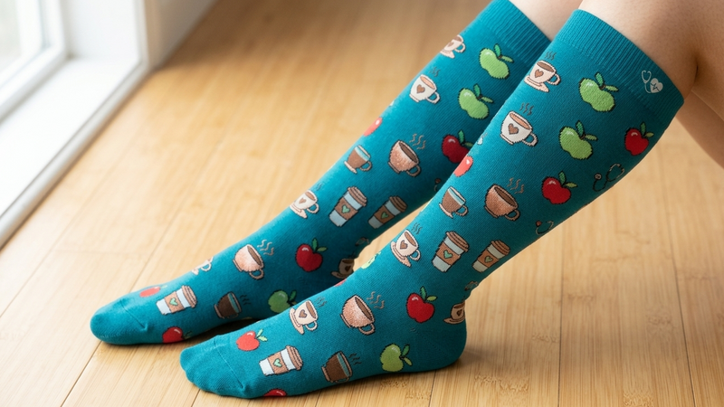 Teal socks with coffee and apple pattern worn by a person on a wooden floor.